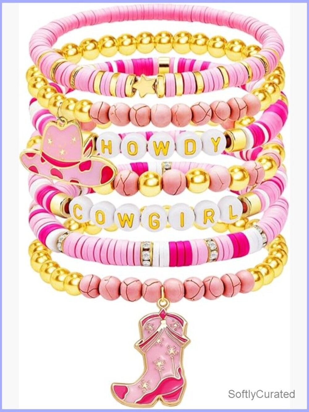 Cowgirl Clay Bead Stretch Bracelets with Hat Boot Charm Earrings Set Layered
